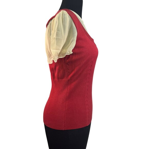 Worthington Women's Size Medium Red Knit Top With Sheer Sleeves & Button Accents - Picture 5 of 7